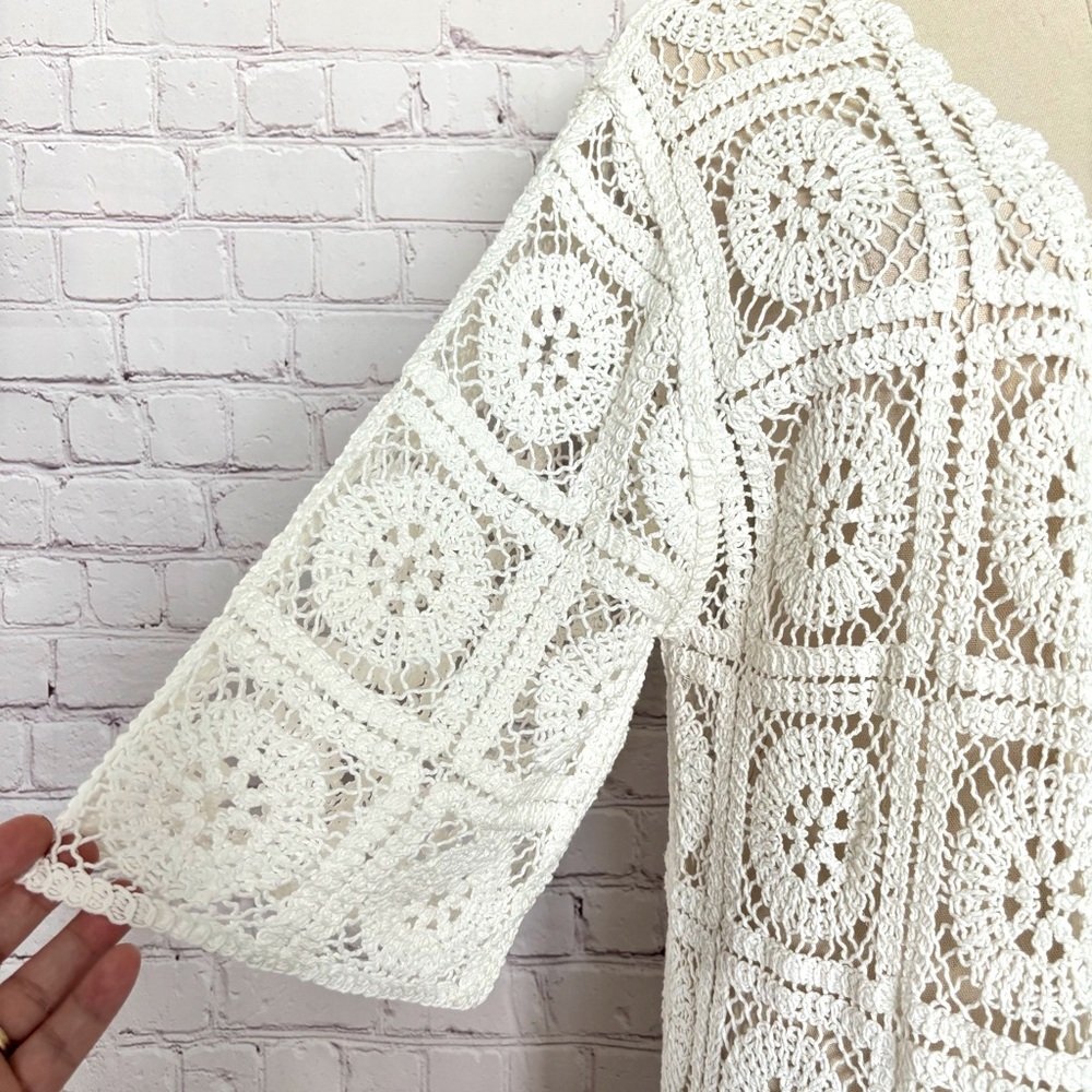 SOLITAIRE 3/4 Sleeve Ivory Boho Crochet Cardigan or Beach Cover-Up--NWT--S - Picture 4 of 15